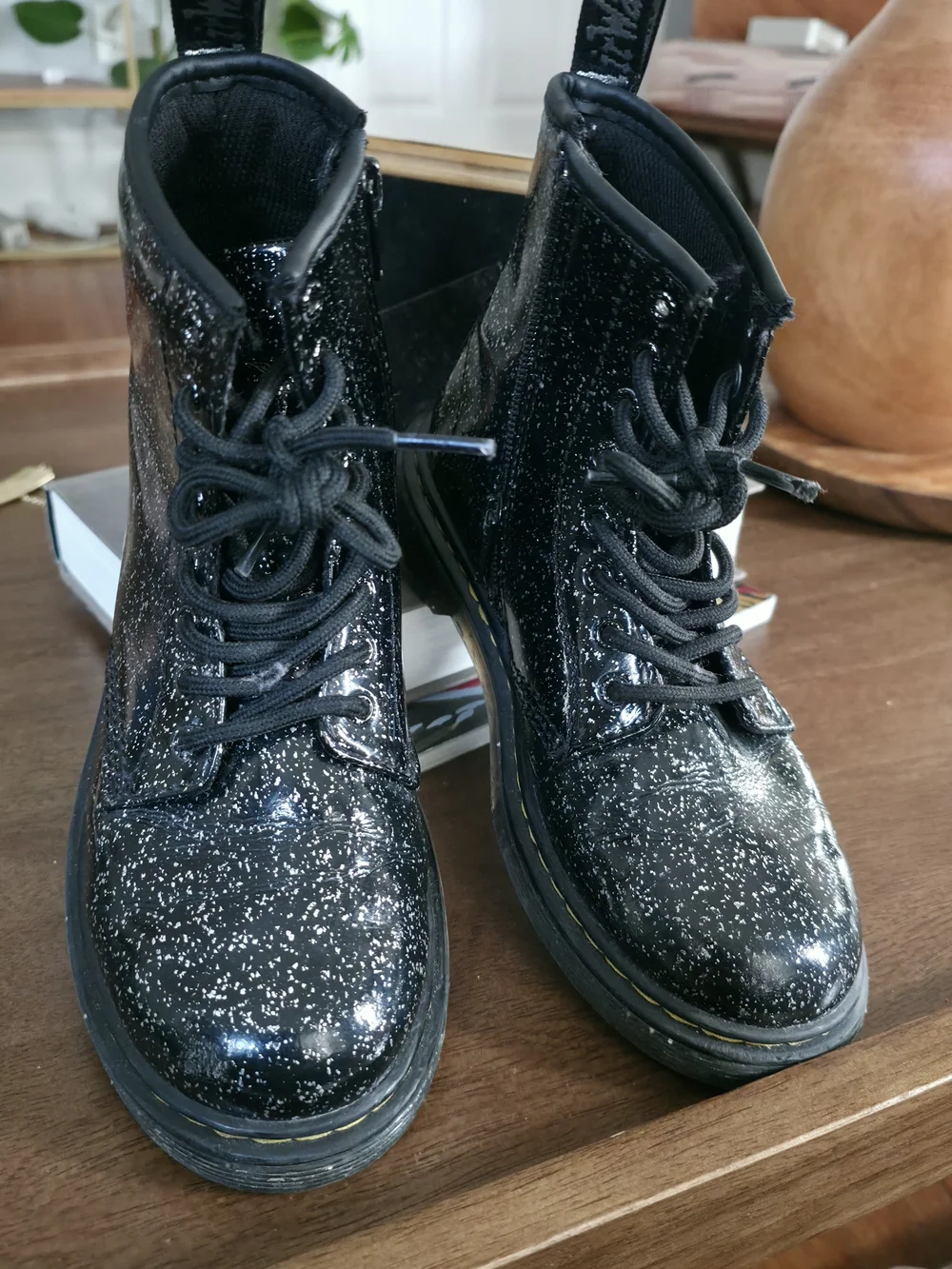 Black Glitter Combat Boots - Women's Fashion Lace-Up